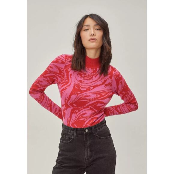 Nasty Gal Tops - Nasty Gal Bodysuit Sweater Top NWT Red Pink Marble Open Back 6 NWT Thong Bottom